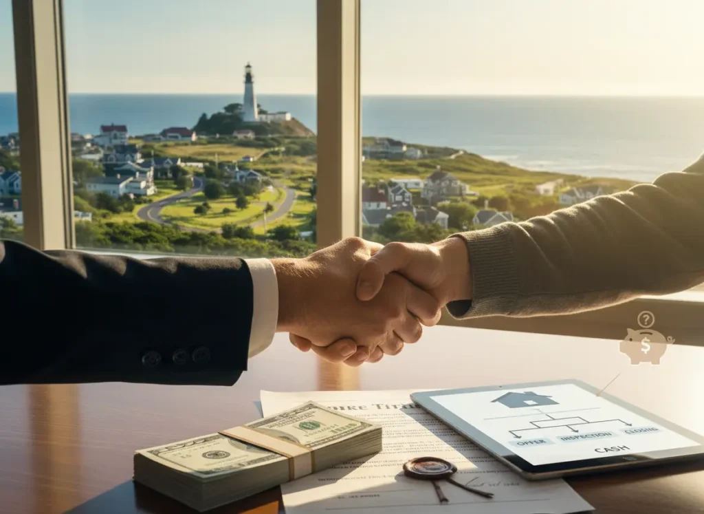 Cash home buyer shaking hands with a Suffolk County homeowner in front of a house, symbolizing a fast no-hassle cash sale.