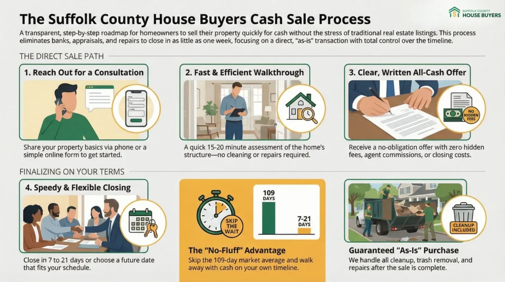 Illustrated step-by-step timeline showing how the cash house sale process works from initial contact to closing, with simple icons and brief labels.