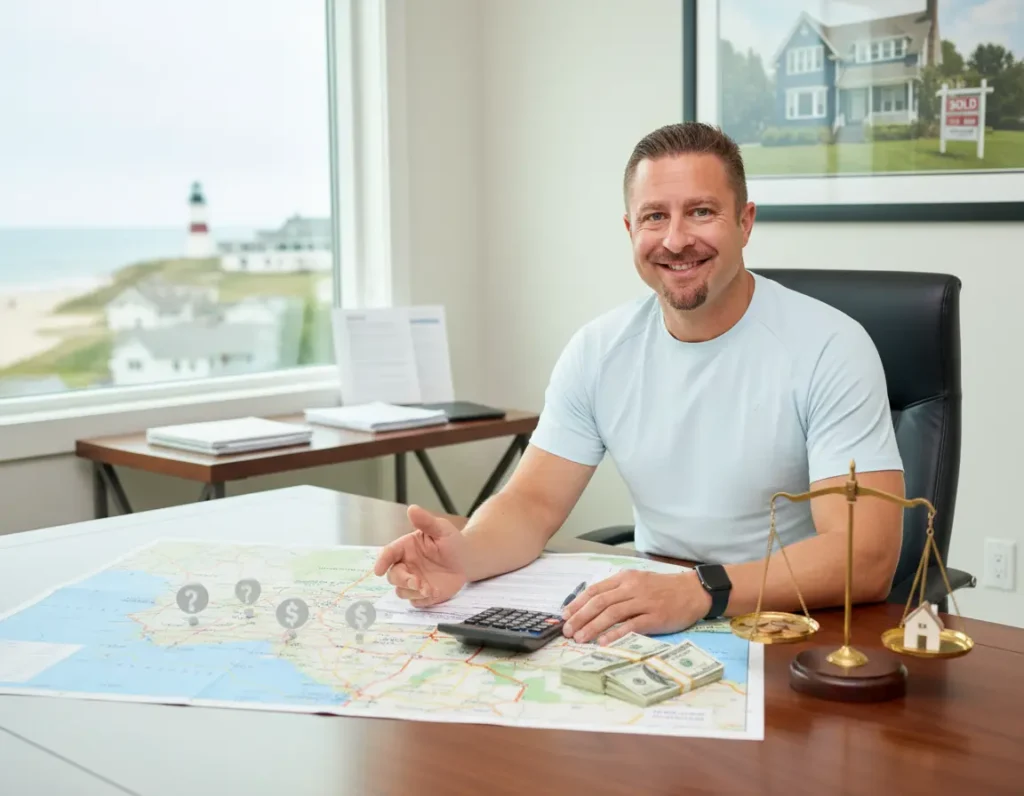 Cash home buyer shaking hands with a Suffolk County homeowner in front of a house, symbolizing a fast no-hassle cash sale.