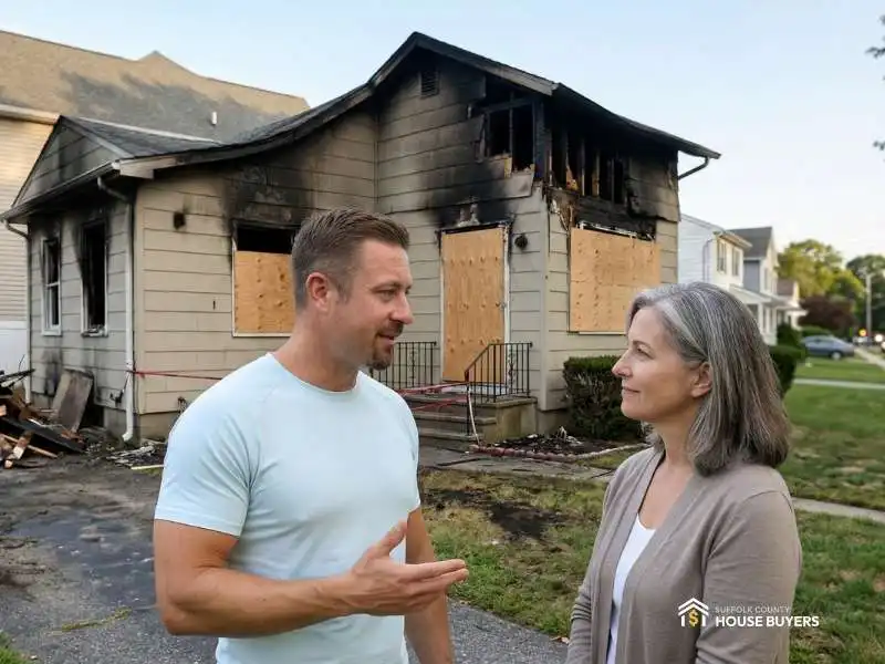 Jeremiah from Suffolk County House Buyers having a supportive, professional conversation with a homeowner in front of a Long Island house showing fire damage aftermath, including charred siding and boarded-up windows.