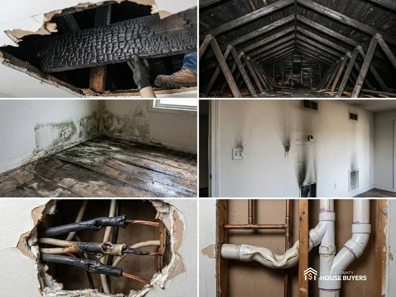 A realistic collage illustrating the 'Must-Check' areas during a fire damage inspection, including structural framing, roofing, water damage, smoke soot, electrical systems, and plumbing.